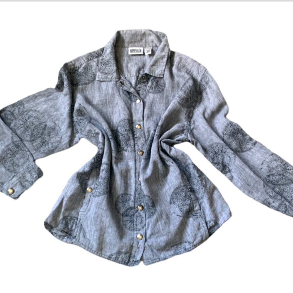 Chico's 100% Linen Graphic Snap Front Shirt Gray Sz 2 (L/12) #48A